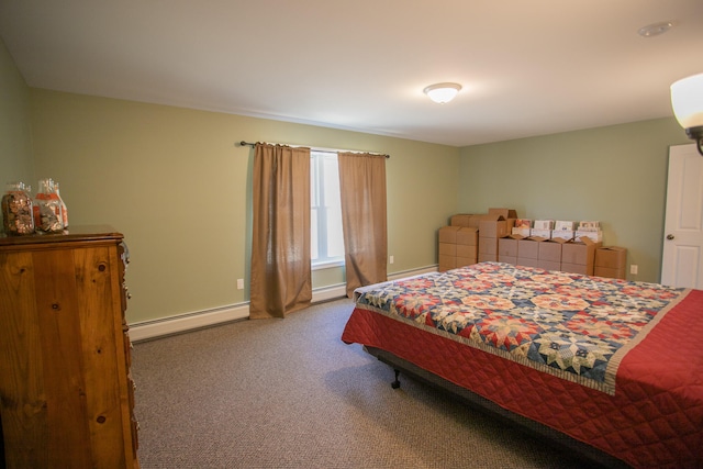 carpeted bedroom featuring a baseboard radiator