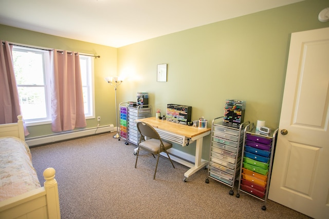 carpeted office space featuring baseboard heating