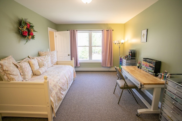 carpeted bedroom featuring a baseboard radiator