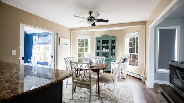 dining space featuring ceiling fan and dark hardwood / wood-style floors