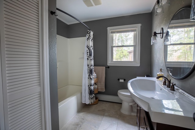 full bathroom with shower / bath combination with curtain, tile patterned floors, vanity, a baseboard radiator, and toilet