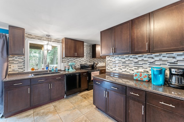 kitchen with black appliances, decorative backsplash, dark brown cabinetry, and sink