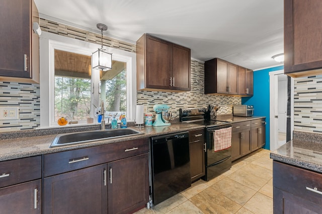 kitchen featuring pendant lighting, black appliances, sink, tasteful backsplash, and dark brown cabinetry