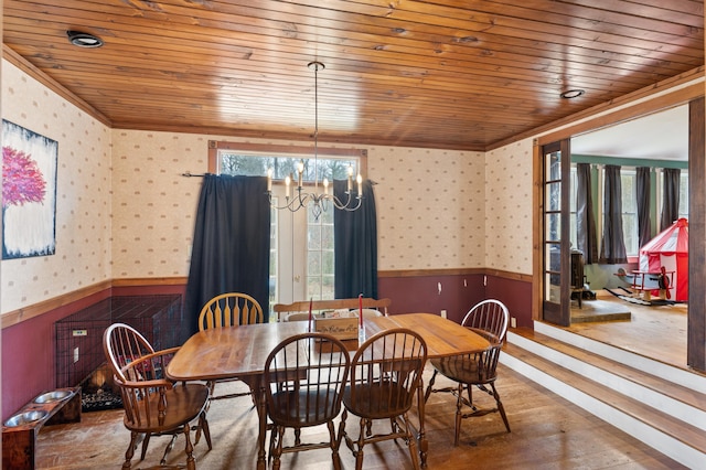 dining area featuring hardwood / wood-style floors, an inviting chandelier, wooden ceiling, and a healthy amount of sunlight