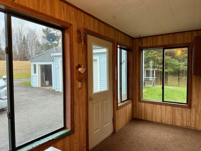 535 Frenchville Rd, Fort Kent, ME 04743 - entryway featuring wooden walls, carpet, and crown molding