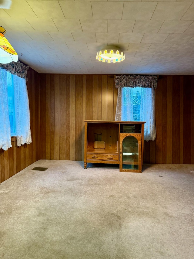 unfurnished room featuring carpet floors and wood walls