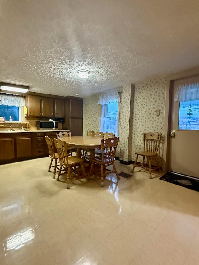 dining space with sink and a textured ceiling