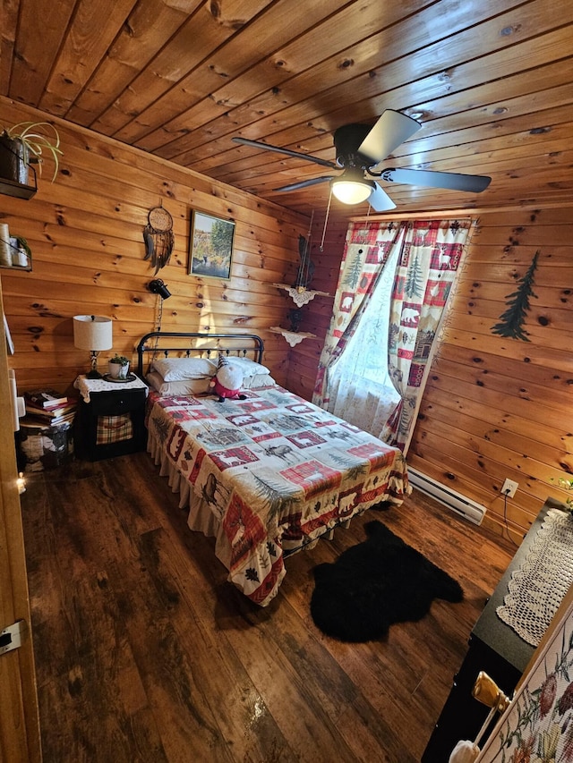 bedroom with ceiling fan, dark hardwood / wood-style flooring, and wood ceiling