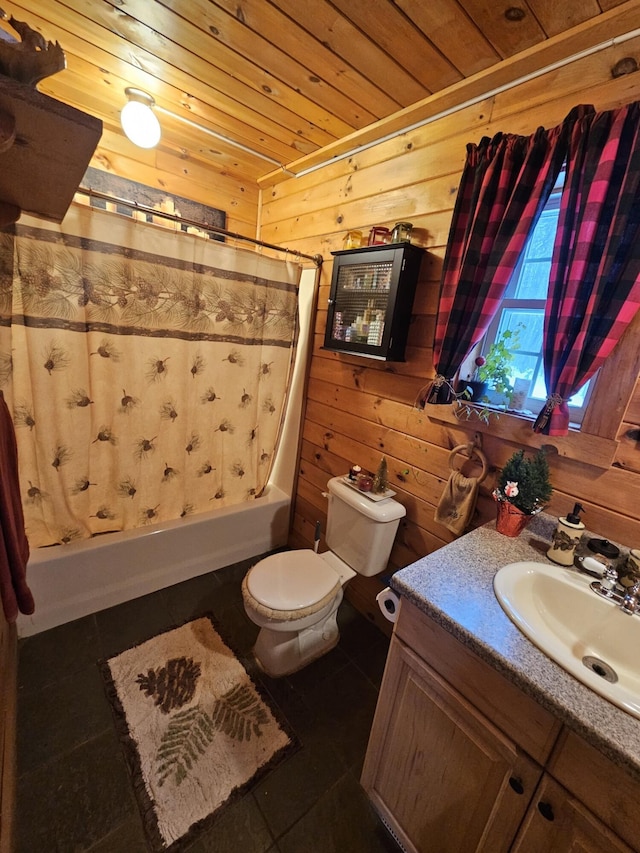 full bathroom with shower / bath combo, wood walls, vanity, wooden ceiling, and toilet