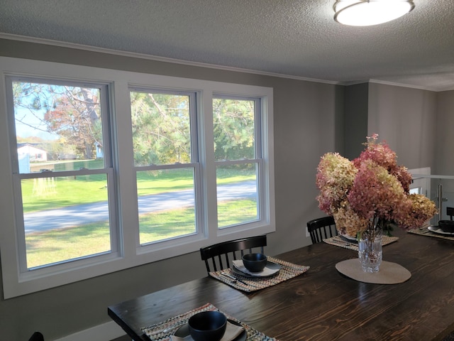 dining area with a textured ceiling, plenty of natural light, and crown molding