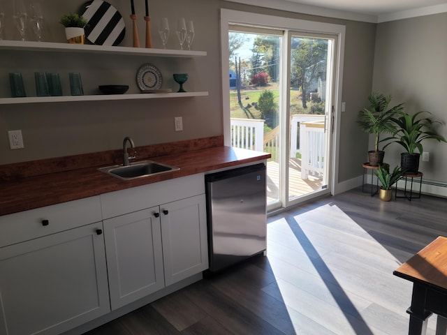 2 Old County Rd, Veazie, ME 04401 - kitchen with wooden counters, open shelves, a sink, dark wood-style floors, and refrigerator