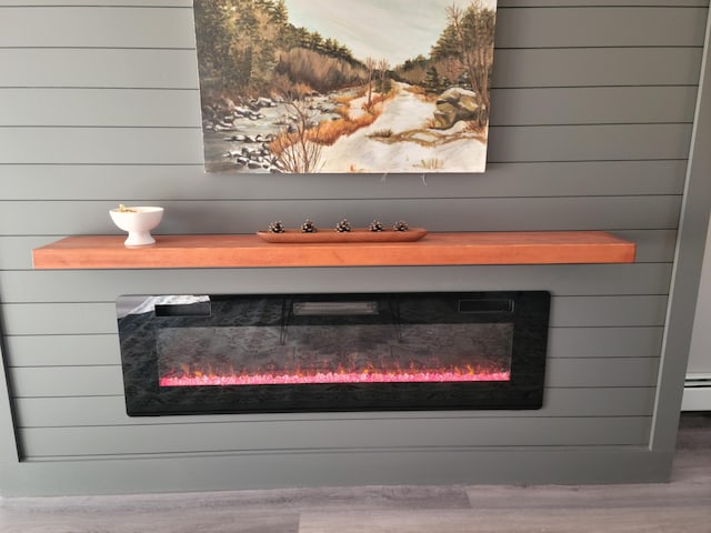 2 Old County Rd, Veazie, ME 04401 - detailed view of wood finished floors, wood walls, and a glass covered fireplace