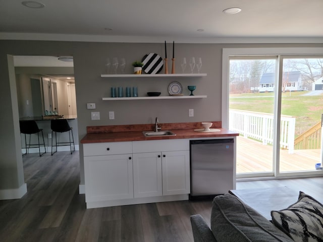 2 Old County Rd, Veazie, ME 04401 - kitchen with butcher block counters, stainless steel refrigerator, a sink, open shelves, and white cabinets