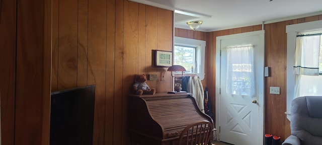 entryway with wooden walls