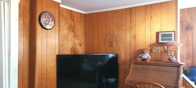 interior details with wooden walls and ornamental molding