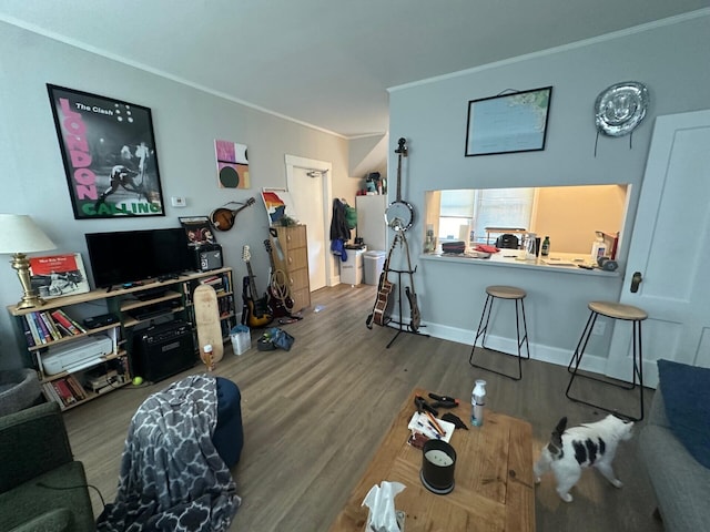 living room with hardwood / wood-style floors and ornamental molding