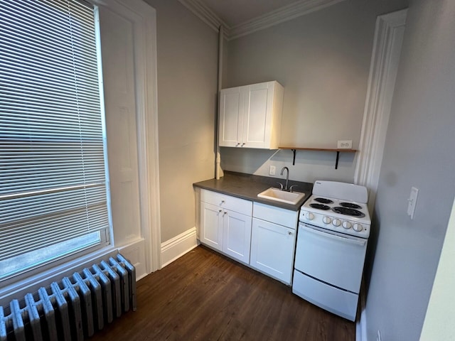 kitchen with white cabinetry, sink, radiator heating unit, and white stove