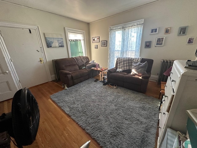 living room featuring radiator heating unit and hardwood / wood-style flooring