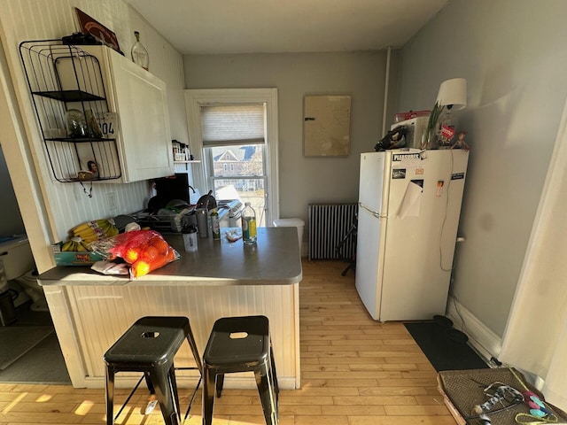 kitchen with white fridge, light wood-type flooring, and radiator heating unit