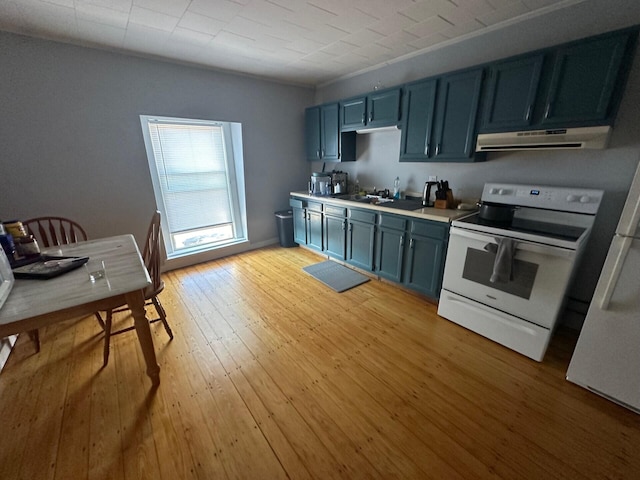 kitchen with sink, range hood, blue cabinets, white range with electric cooktop, and light hardwood / wood-style floors