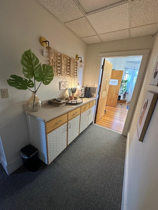 hall featuring carpet flooring and a drop ceiling