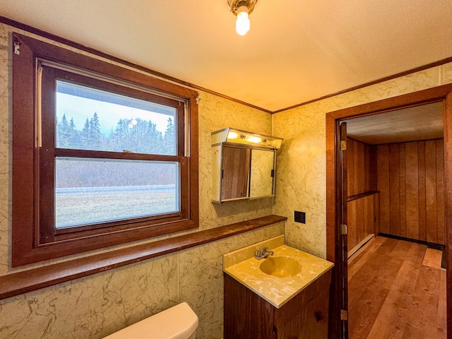 bathroom with vanity, hardwood / wood-style flooring, toilet, and ornamental molding