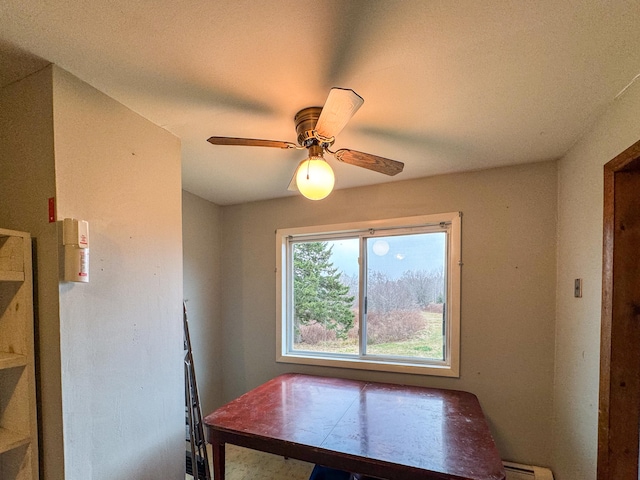 unfurnished dining area featuring ceiling fan and a baseboard radiator