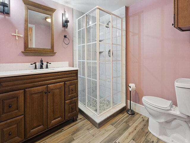 544 Main Rd N, Hampden, ME 04444 - bathroom with toilet, wood finished floors, a shower stall, and vanity