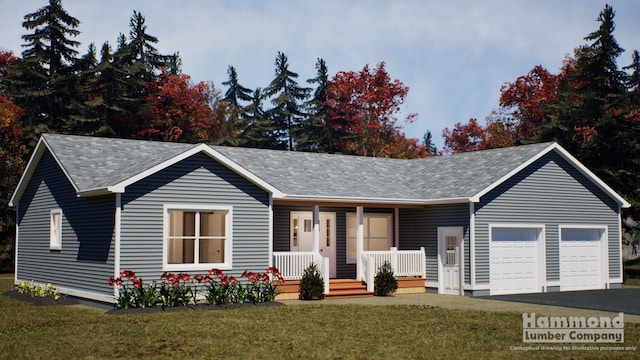 ranch-style home with a front yard, a porch, and a garage