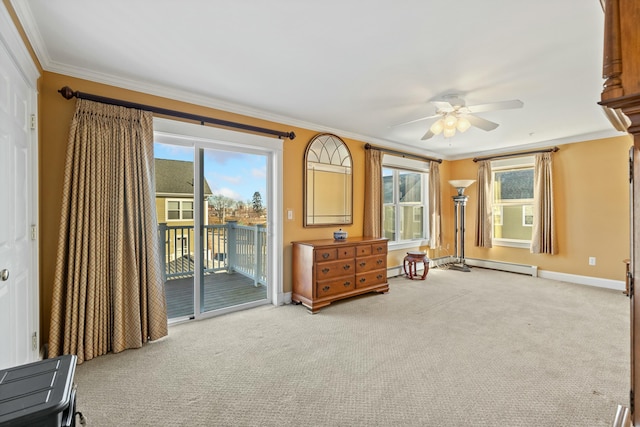 interior space featuring access to exterior, a baseboard radiator, ceiling fan, and ornamental molding