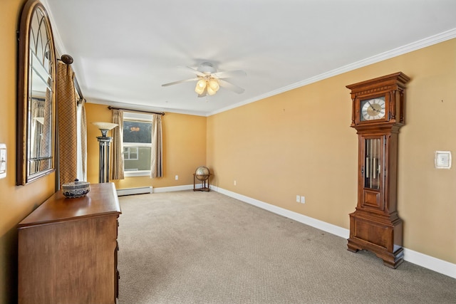 living room with ceiling fan, light colored carpet, crown molding, and a baseboard heating unit