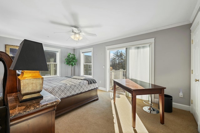 carpeted bedroom featuring access to outside, ceiling fan, and ornamental molding