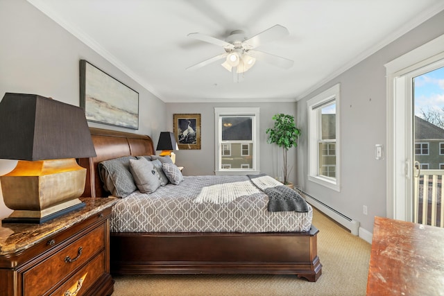 carpeted bedroom with crown molding, ceiling fan, and a baseboard heating unit