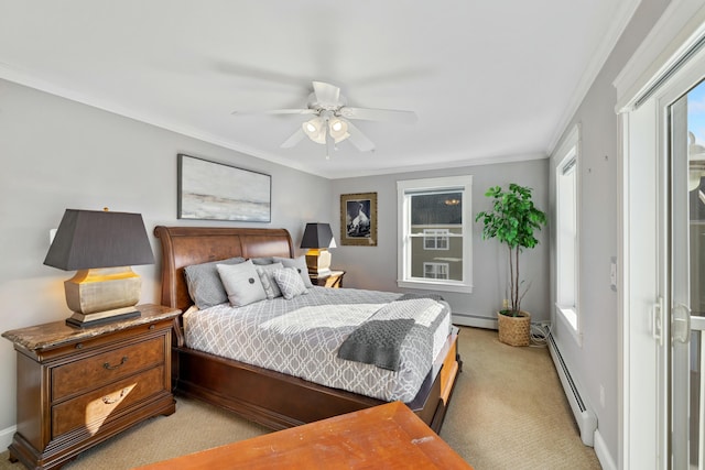 carpeted bedroom with baseboard heating, ceiling fan, and ornamental molding