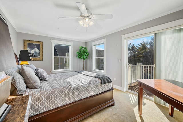 bedroom featuring access to outside, ceiling fan, ornamental molding, and light colored carpet