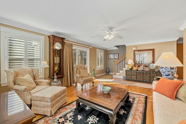 living room featuring light hardwood / wood-style floors, ceiling fan, and ornamental molding