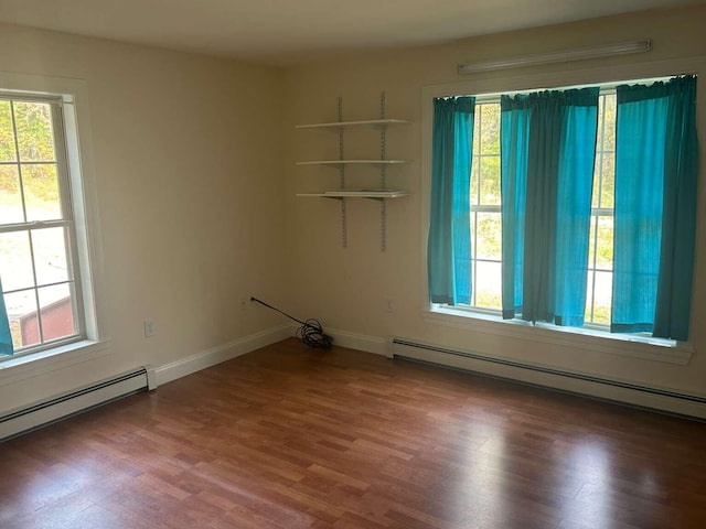 unfurnished room featuring wood-type flooring and baseboard heating