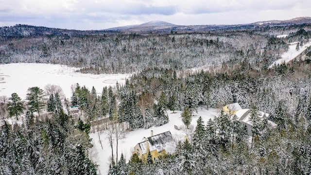 snowy aerial view featuring a mountain view