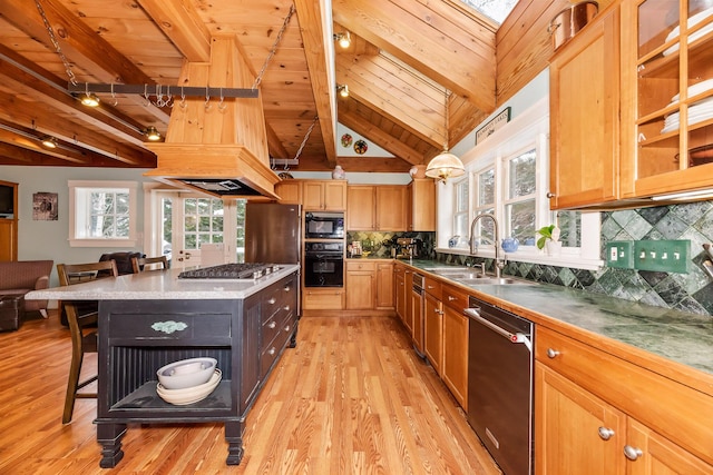 kitchen with a kitchen bar, light wood-type flooring, wood ceiling, black appliances, and a center island