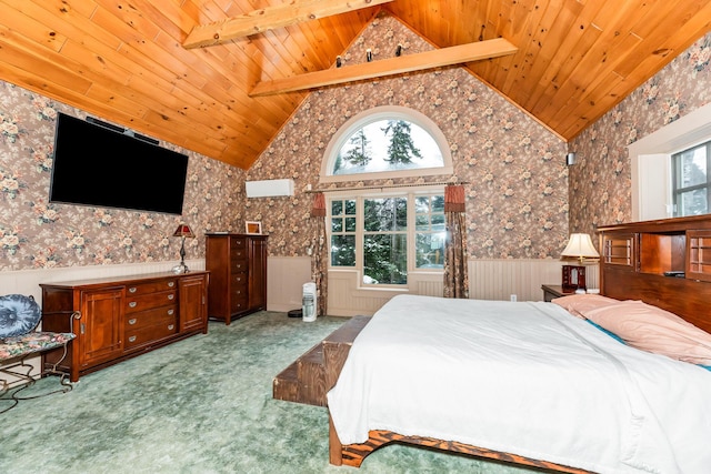 carpeted bedroom with beam ceiling, wooden ceiling, and high vaulted ceiling