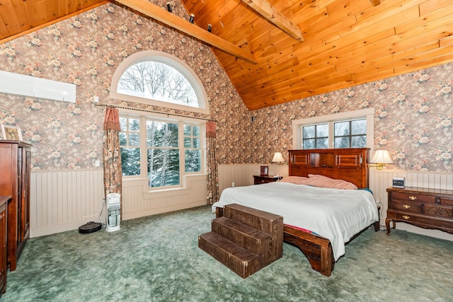 bedroom with carpet, wood walls, beamed ceiling, and wood ceiling