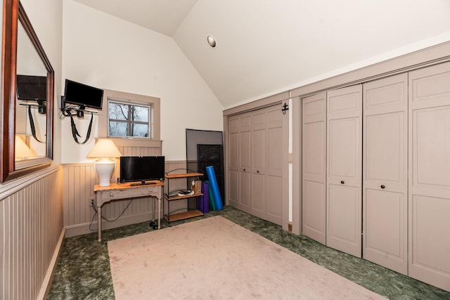 interior space with carpet floors, wooden walls, and vaulted ceiling