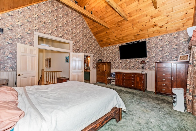 bedroom with a wall mounted air conditioner, vaulted ceiling with beams, carpet floors, and wood ceiling