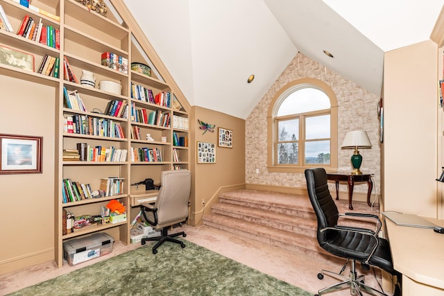 home office featuring carpet flooring and lofted ceiling