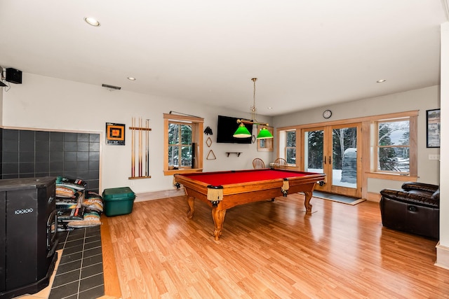 rec room featuring french doors, wood-type flooring, and billiards