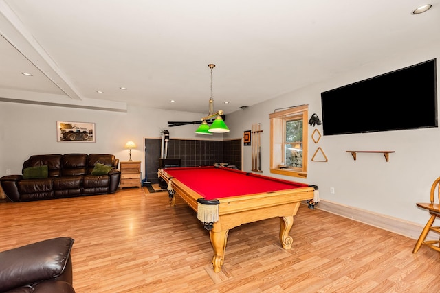 playroom with beam ceiling, wood-type flooring, and pool table