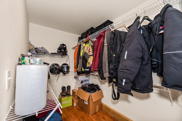 walk in closet with wood-type flooring