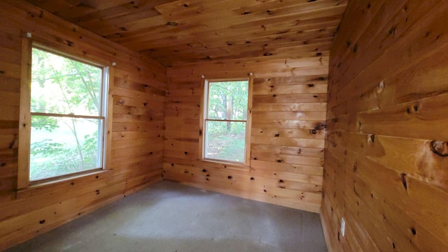 spare room featuring wooden ceiling and wooden walls