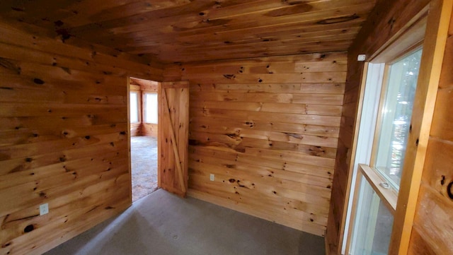 spare room with wood ceiling, carpet floors, and wooden walls