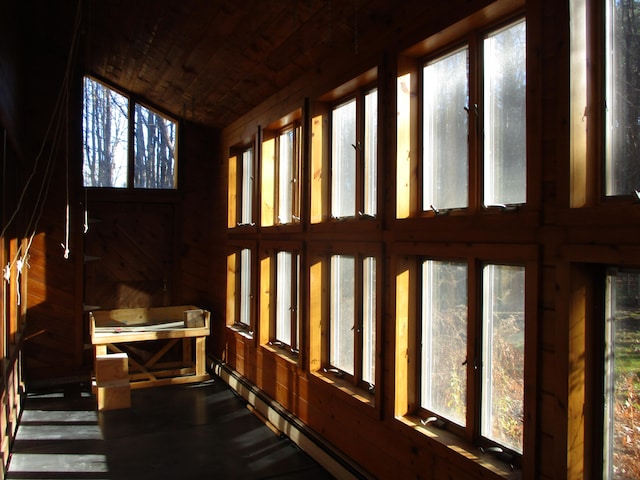 sunroom featuring wooden ceiling